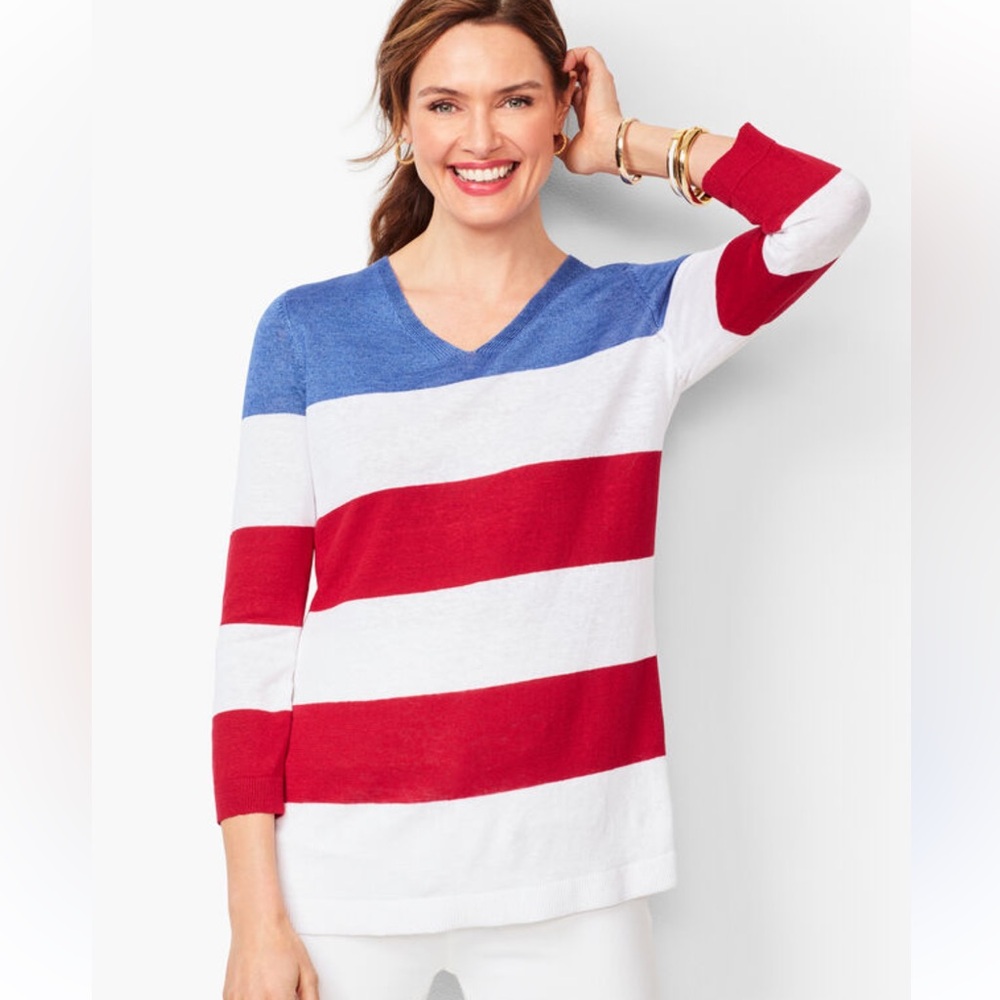Talbots V-Neck Sweater in Red, White, and Blue Stripes